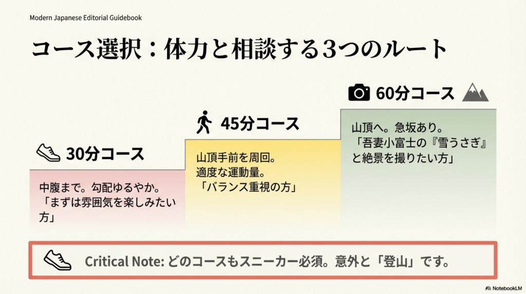 30分(勾配ゆるやか)、45分(適度な運動)、60分(頂上への急坂あり)の3コースを紹介。どのコースもスニーカーが必須であることを警告している。