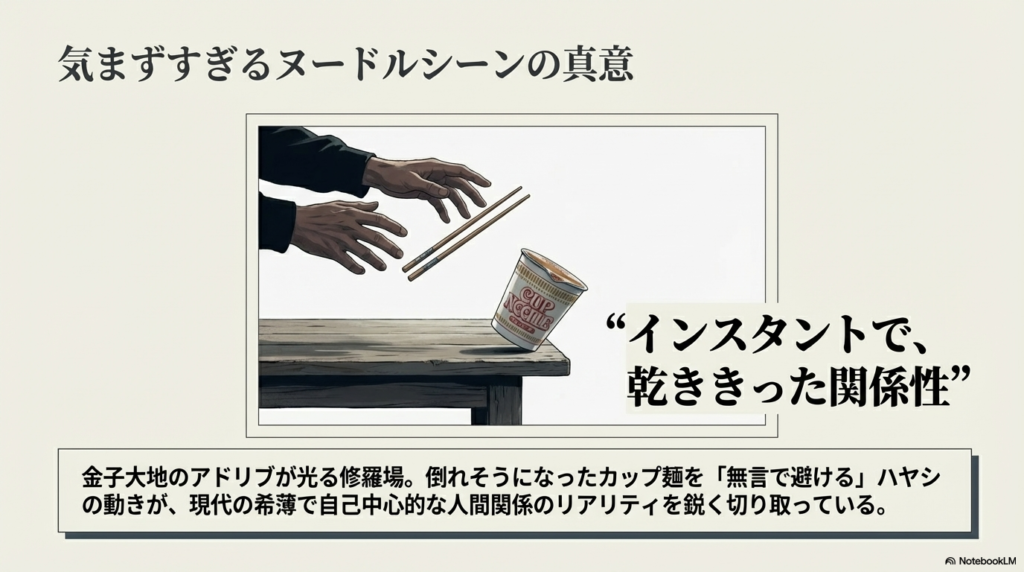 「CUP NGCHIB」と描かれたカップ麺のイラスト。金子大地さんのアドリブが光る「カップ麺を避ける動き」が、現代の自己中心的な人間関係を象徴していることを伝えるスライド。