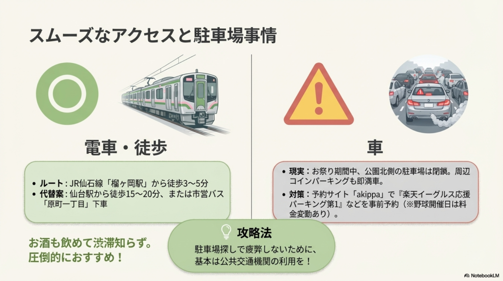 電車利用(JR榴ヶ岡駅から徒歩3〜5分)を推奨する内容。 車の場合は公園駐車場が閉鎖されるため、予約サイト「akippa」で『楽天イーグルス応援パーキング第1』などを事前予約する対策を紹介している。