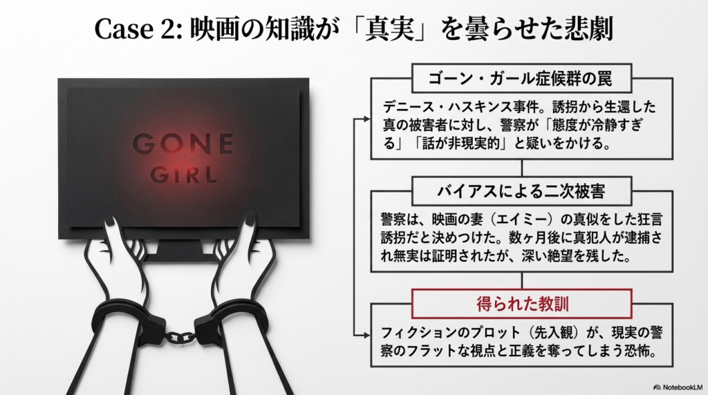 誘拐事件の被害者が、警察から「エイミーの真似をした狂言」だと疑われたデニース・ハスキンス事件のスライド。フィクションのプロットが警察の視点を奪った教訓を記載。 
