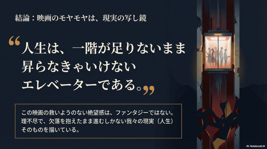 人々が乗るエレベーターの昇降路の下部に、巨大な亀裂と欠落が描かれ、欠落を抱えたまま進むしかない現実を表現したイラスト 。