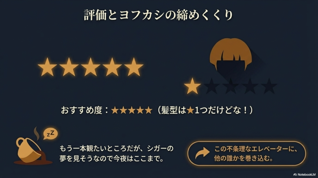 おすすめ度評価と、シガーの髪型へのユーモラスなツッコミ、そして「他の誰かを巻き込む」という締めくくりのスライド 。