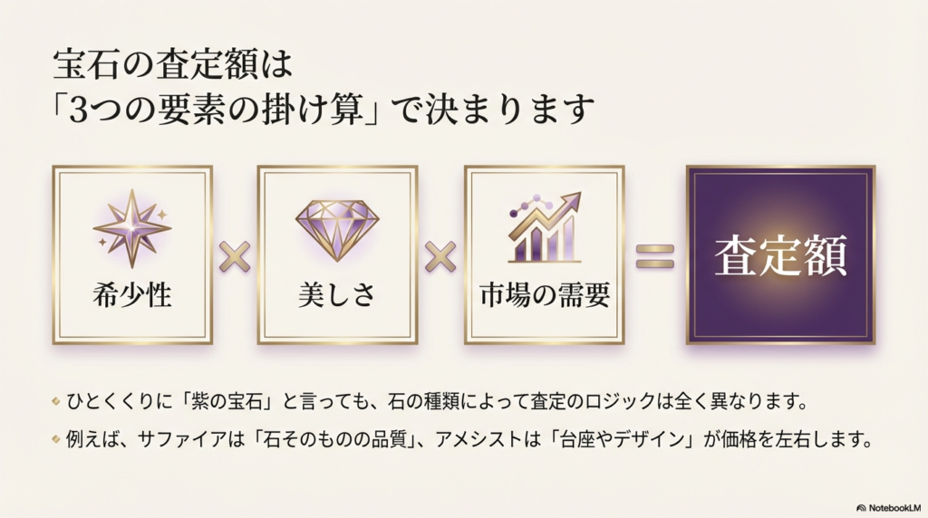 査定額は「希少性」「美しさ」「市場の需要」の掛け算で決まるというロジックと、石の種類によって評価ポイントが異なることを説明する図解スライド。