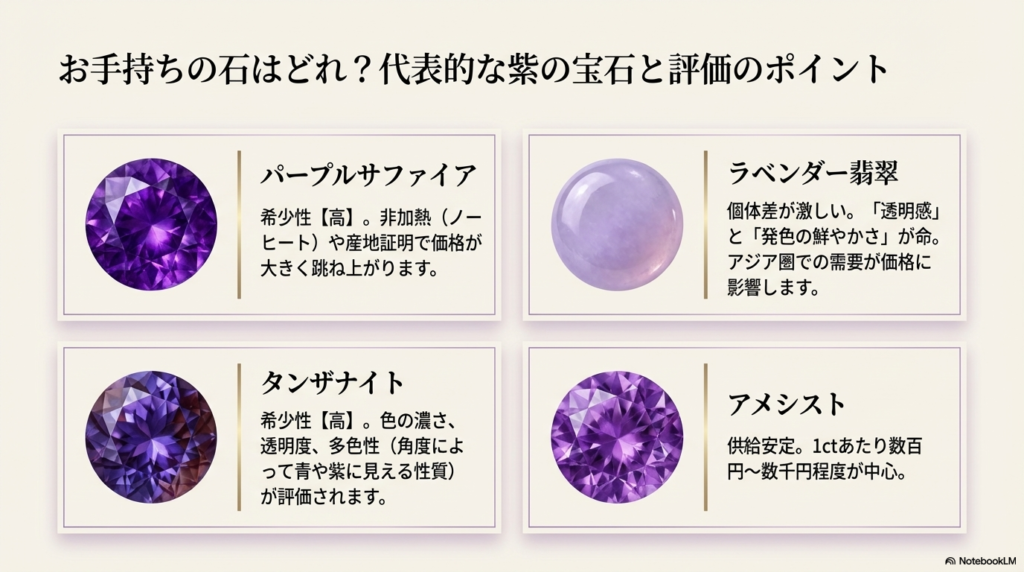 パープルサファイア、ラベンダー翡翠、タンザナイト、アメシストそれぞれの特徴と、希少性や需要が価格に与える影響をまとめた比較スライド。