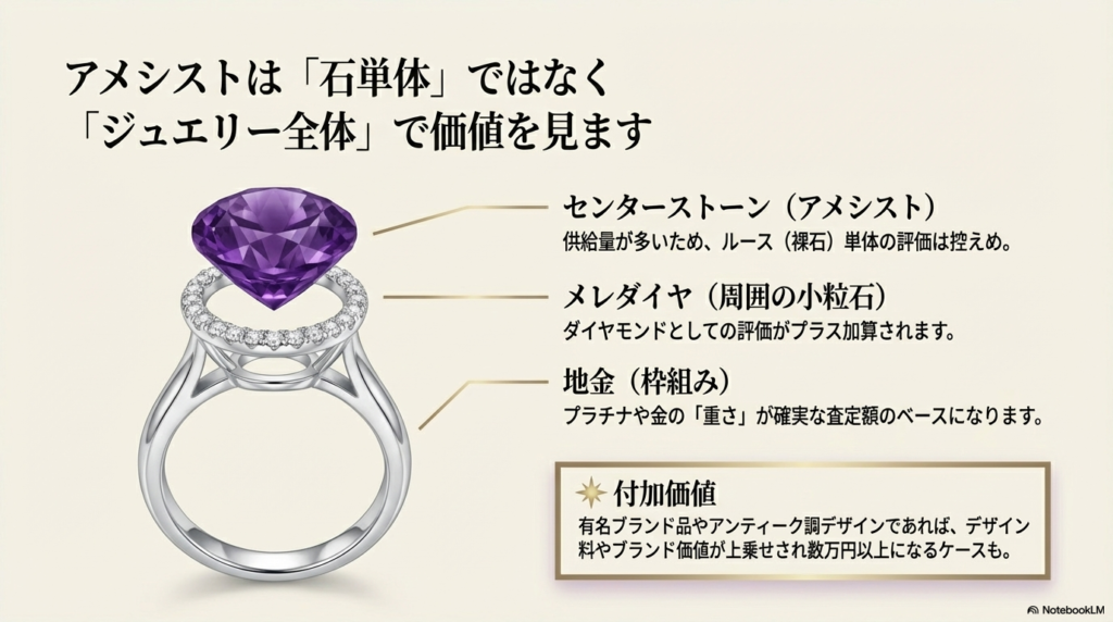 アメシストの指輪を例に、センターストーンだけでなく、メレダイヤ、地金（プラチナや金）、ブランド価値などの付加価値が査定額に反映されることを示すイラスト。 