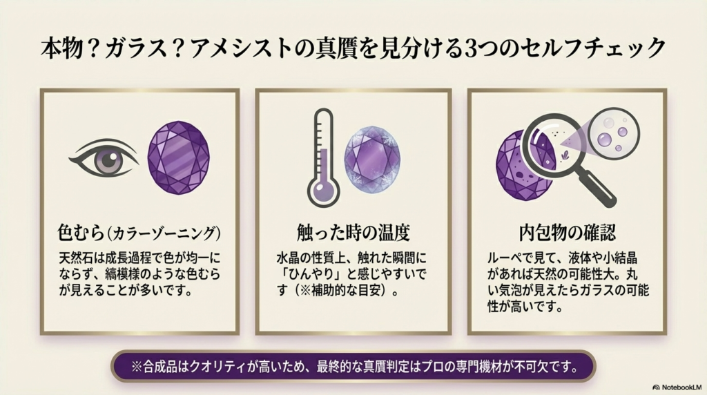 天然アメシストとガラスを見分けるための、色むら、触った時の温度、ルーペによる内包物（気泡の有無など）の確認方法を解説したスライド。