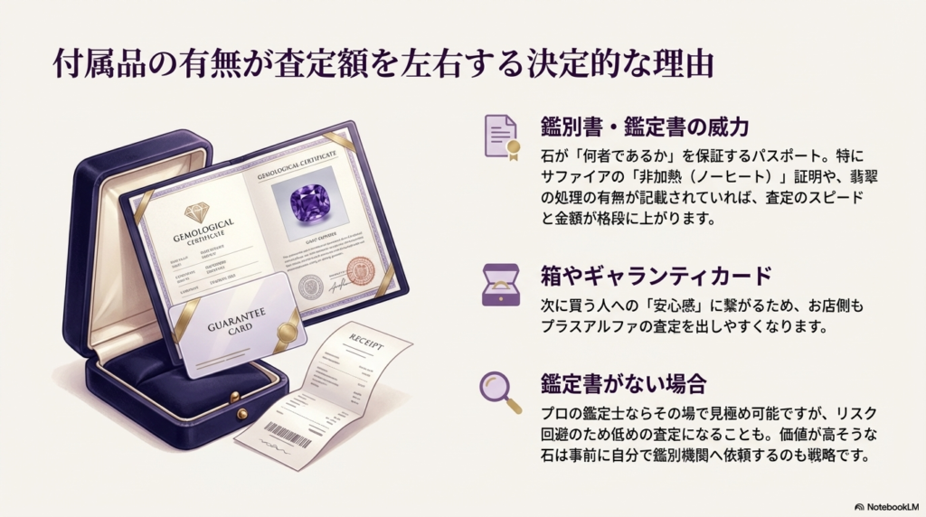 鑑別書・鑑定書は石の品質を保証するパスポートであり、外箱やギャランティカードは再販時の安心感に繋がるため査定額が上がることを説明するスライド。