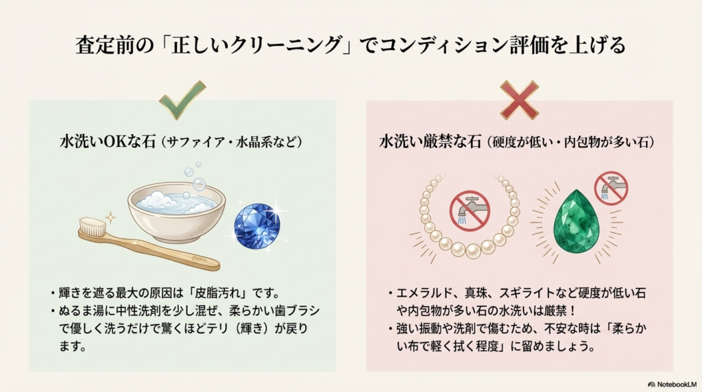 サファイアや水晶など水洗いOKな石と、エメラルドや真珠など水洗い厳禁な石の区別、および中性洗剤を使った具体的な清掃方法を解説したスライド。 