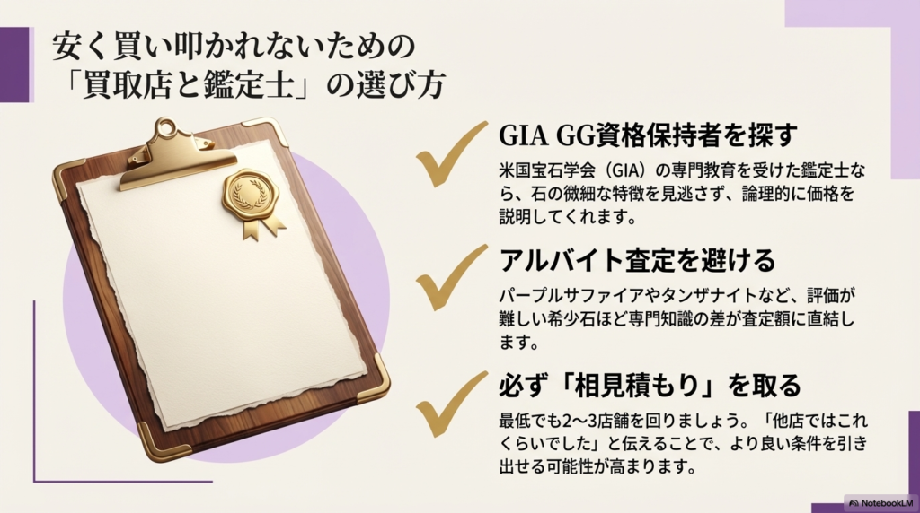 GIA GG資格保持者の有無、アルバイト査定の回避、2〜3店舗での相見積もりの重要性をまとめた、安く買い叩かれないための店選びのポイント。
