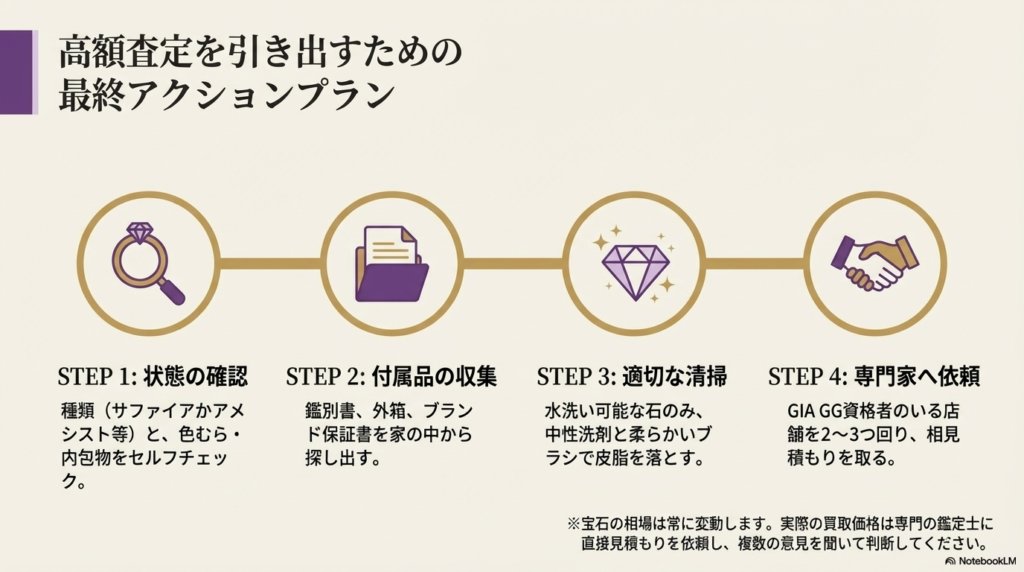 状態の確認、付属品の収集、適切な清掃、専門家への依頼という、高額査定を実現するための具体的なステップをまとめたアクションプランのスライド。