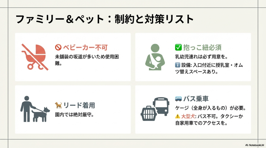 ベビーカー不可(抱っこ紐推奨)、リード着用厳守、バス乗車時のケージ必要、大型犬のアクセス注意など、子連れやペット連れ向けのルールをまとめた図解。
