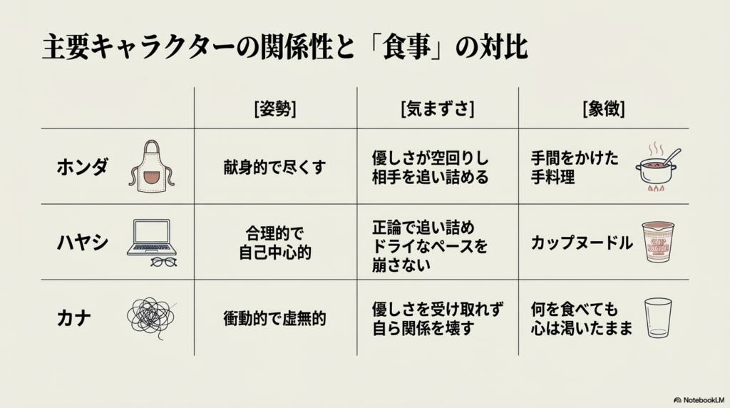 ホンダ（献身的・手料理）、ハヤシ（合理的・カップ麺）、カナ（虚無的・渇き）の3人を、姿勢・気まずさ・象徴で比較したマトリックス図。