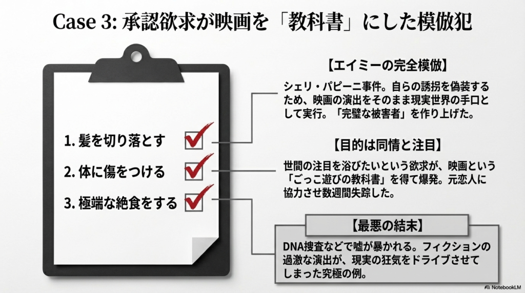 狂言誘拐を偽装したシェリ・パピーニ事件の解説。髪を切り、傷をつけ、絶食するという映画の演出をそのまま実行した手口がチェックリスト形式で示されている。