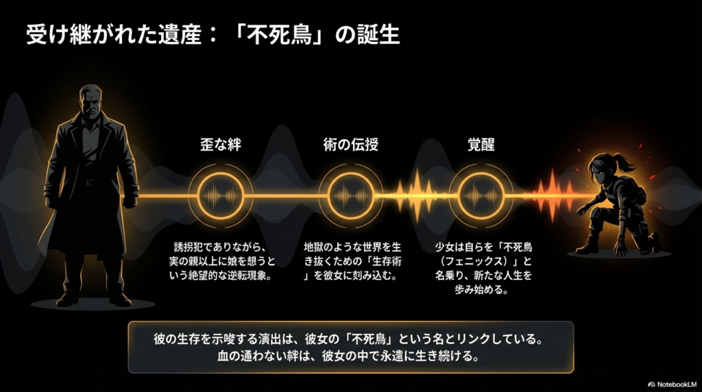 少女タラがノーマンから生存術を伝授され、自らフェニックスと名乗って覚醒した過程と、二人の歪な絆についての解説。
