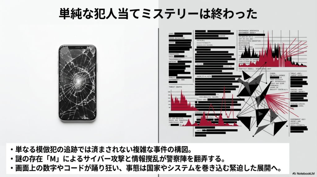 蜘蛛の巣状に激しくひび割れたスマホ画面と、その背景に流れる機密文書のような黒塗りのテキスト、そして赤く鋭いグラフが乱高下するサイバー攻撃のイメージ図。