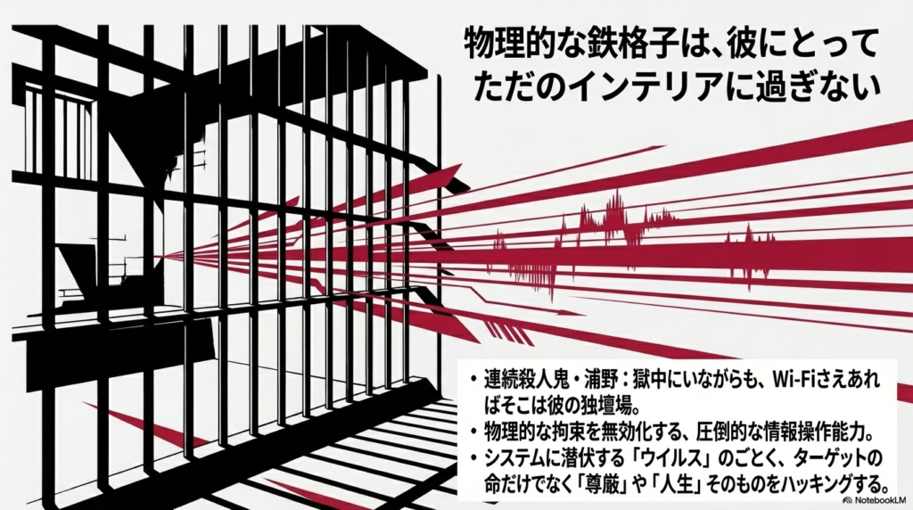 牢獄の鉄格子の向こう側から、赤い鋭い光線が外の世界へと何本も伸びているイラスト。物理的に閉じ込められていても、デジタルを通じて外を攻撃できる様子を示している。