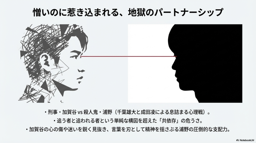 男性の横顔のシルエット。その頭部の中は複雑に絡み合った線や鋭い破片のような図形で埋め尽くされており、精神的な侵食や混乱を表現している。