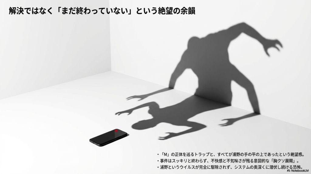 床に落ちたスマホから、壁に向かって巨大で禍々しい怪物の影が伸びているイラスト。事件が解決してもなお消えない絶望感を表現している。