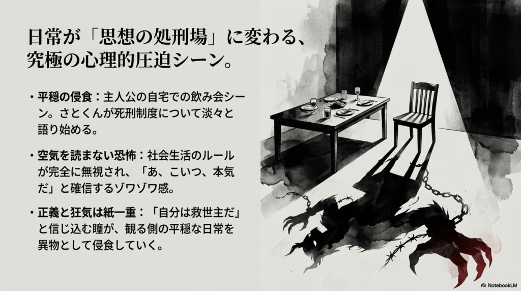 平穏な飲み会が死刑制度の語りによって侵食され、正義と狂気が交錯するシーンの解説