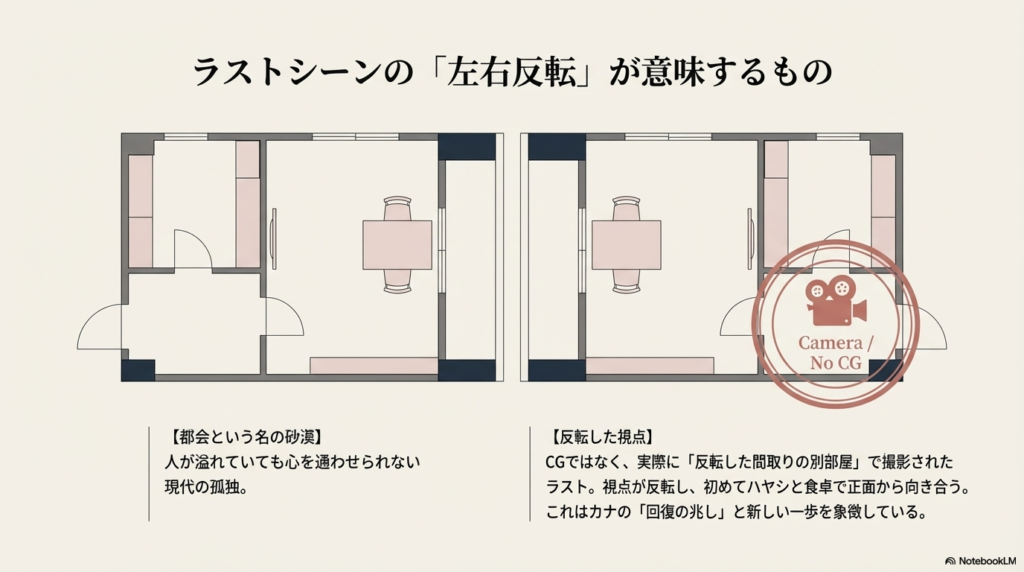 カメラのアイコンと「No CG」の文字。都会という名の砂漠の中で、反転した間取りの部屋が、他者と正面から向き合い始めたカナの心境の変化を象徴していることを解説するスライド。 