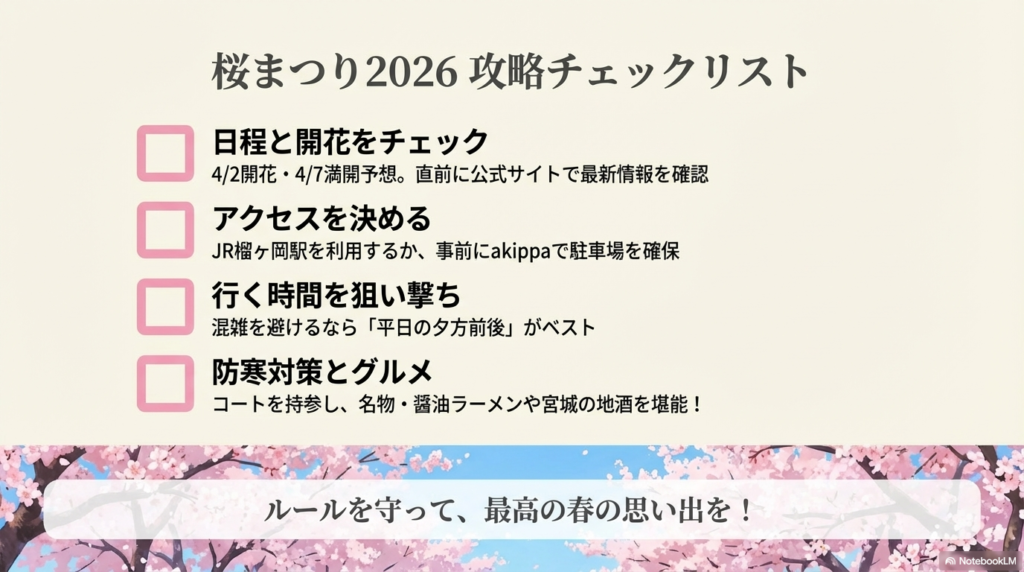 日程・アクセス・時間・防寒とグルメ・ルールの5項目にまとめた最終確認用チェックリスト。 4/2開花、4/7満開予想に基づき、平日の夕方を狙うのがベストとまとめられている。