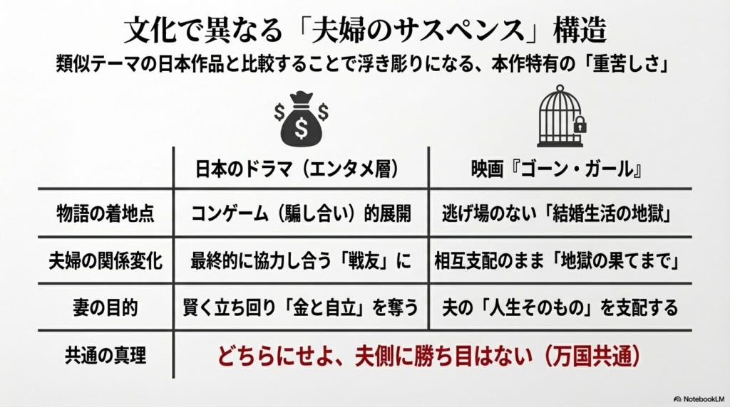 日本のドラマ（エンタメ重視）と映画『ゴーン・ガール』を、物語の着地点、関係の変化、妻の目的の3点で比較した対照表。