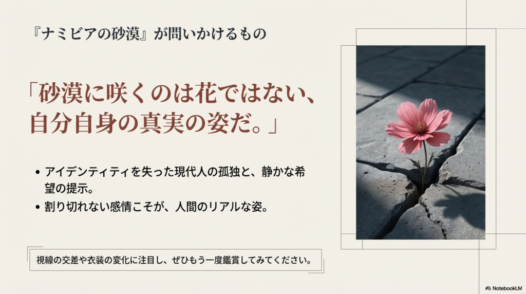 アスファルトの割れ目から力強く咲く一輪のピンクの花。現代人の孤独と、割り切れない感情の中に提示された静かな希望をまとめた最終スライド。
