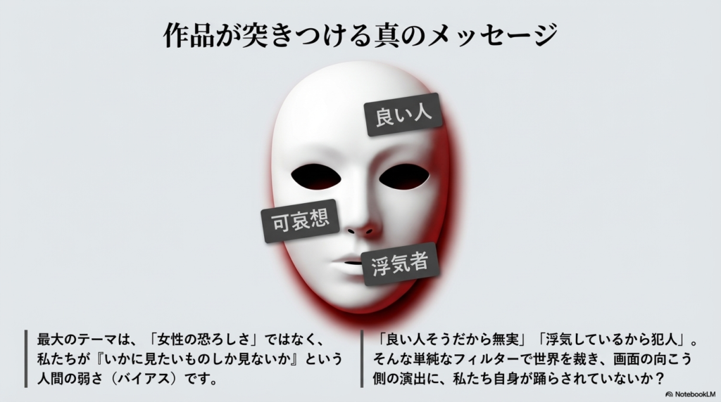 「良い人」「可哀想」「浮気者」というラベルが貼られた人物像を背景に、私たちが無意識に持つバイアスによって情報を取捨選択していることを警告するスライド。