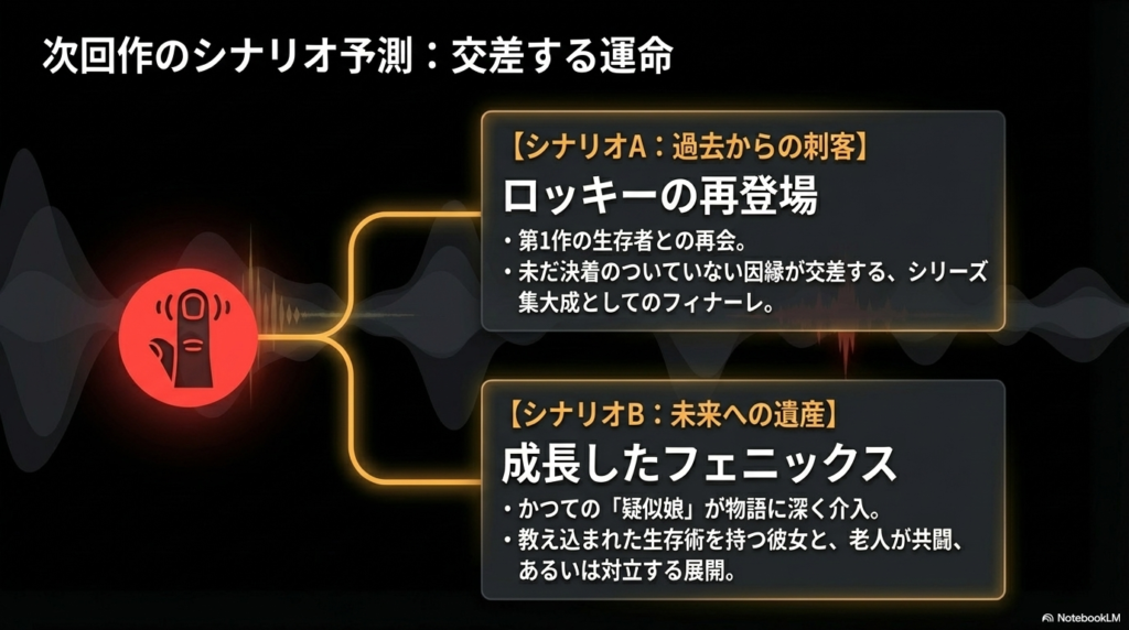 第1作の生存者ロッキーの再登場（シナリオA）と、成長したフェニックスとの共闘や対立（シナリオB）の2つの予測案。