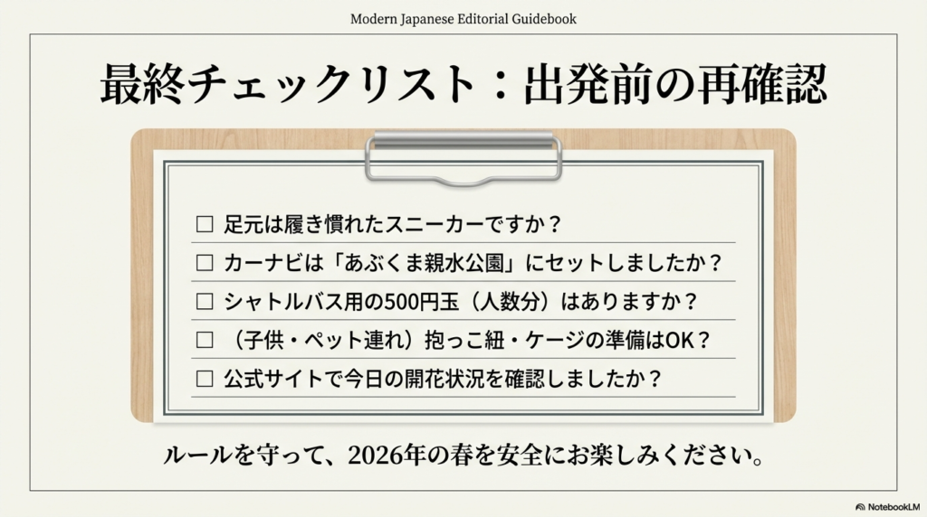 靴、カーナビ設定、シャトルバス協力金(500円玉)、抱っこ紐・ケージの準備、最新開花状況の確認を促すチェック項目。