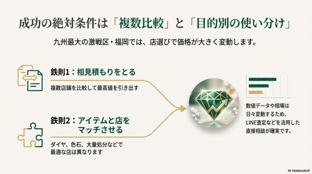 複数比較と目的別の使い分けが成功の条件であること、LINE査定の活用を推奨するスライド 。