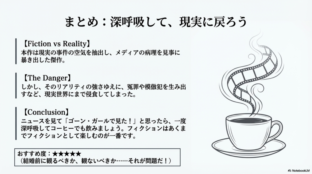 湯気の立つコーヒーカップから映画フィルムが立ち上がるイラスト。フィクションはあくまでフィクションとして楽しむことを勧める結びのスライド。