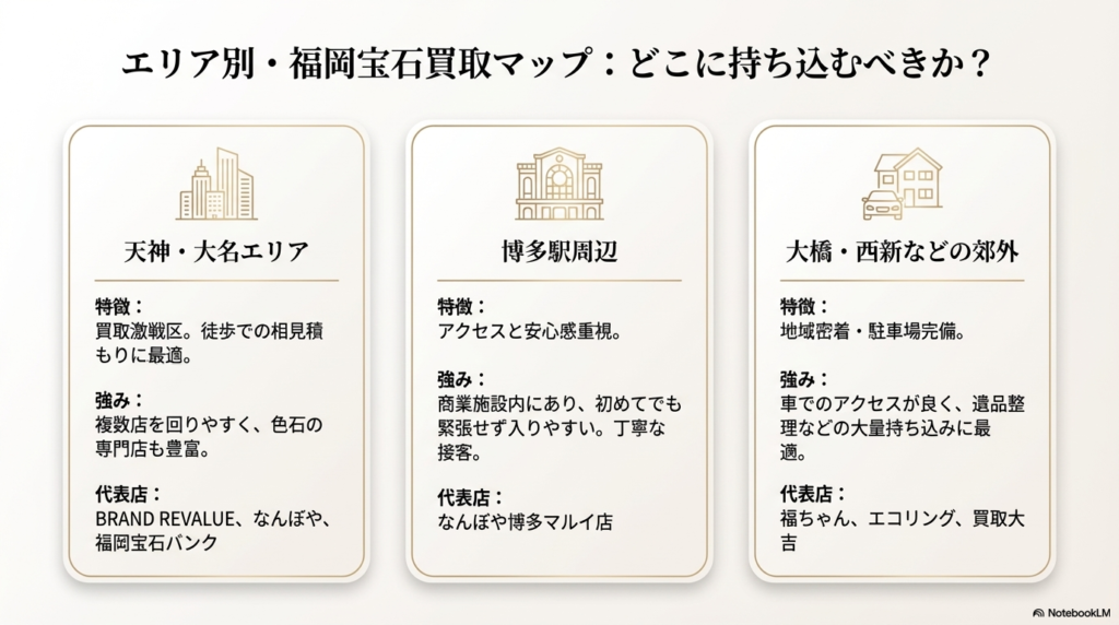天神、博多、大橋・西新エリアの特徴と、それぞれのエリアの代表的な店舗をまとめたマップ 。