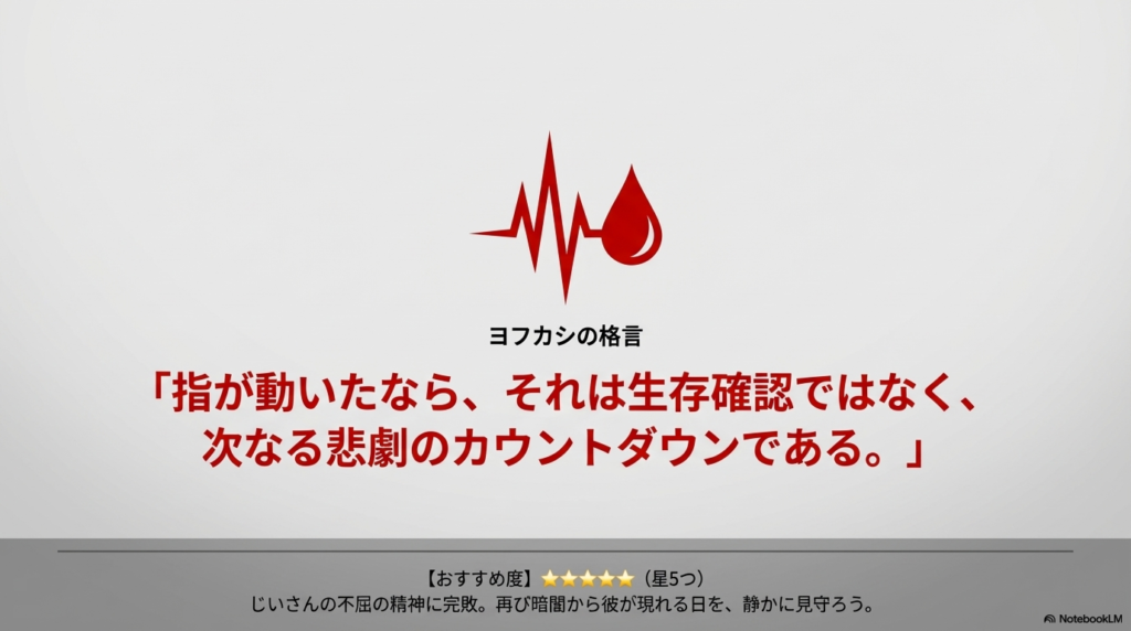 心電図と血の滴のアイコン。「指が動いたなら、それは次なる悲劇のカウントダウンである」という格言と、星5つの評価。