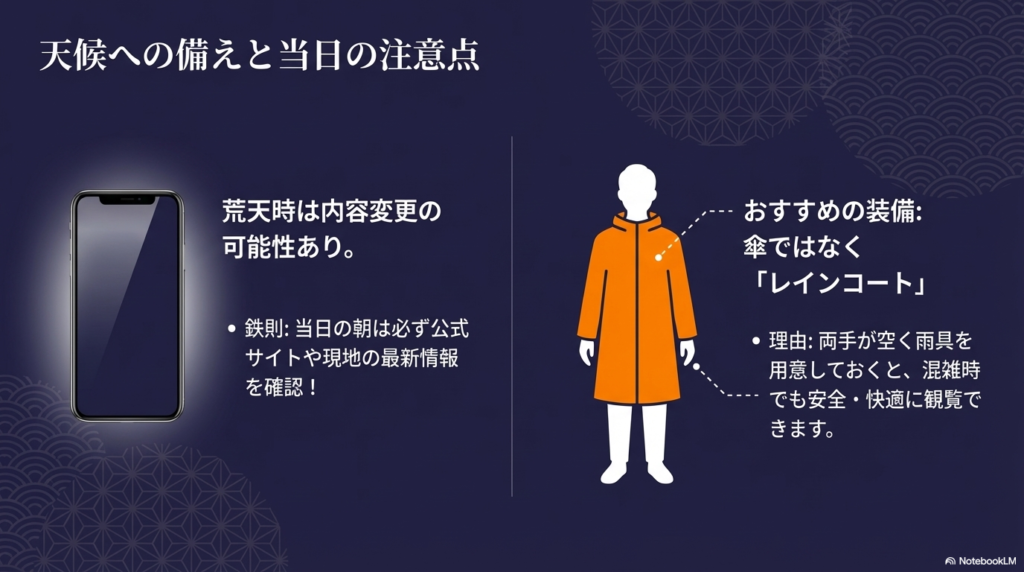 オレンジ色のレインコートを着た人のイラスト。「傘ではなくレインコート」を推奨し、当日の朝に必ず最新情報を確認することを伝える画像。
