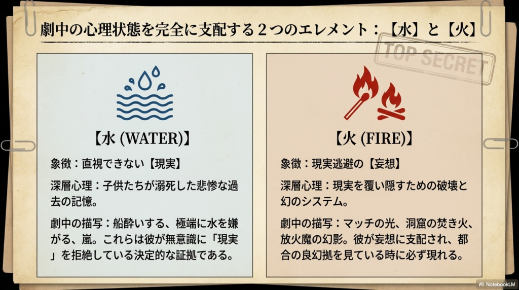 「水」が直視できない現実（子供の溺死）を象徴し、「火」が現実逃避の妄想（放火魔、幻影）を象徴していることを対比させたスライド。