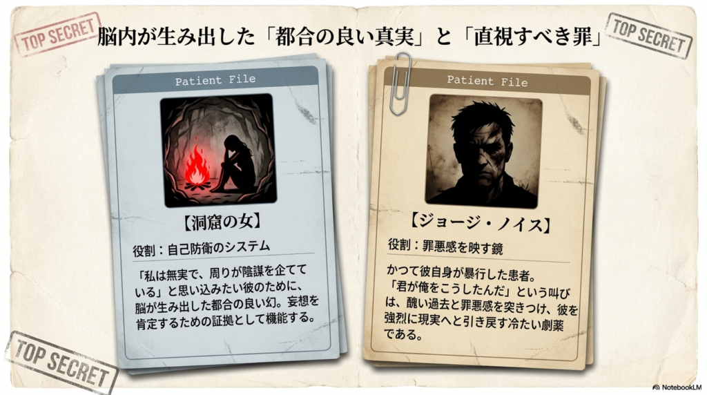 自己防衛システムとしての「洞窟の女」と、罪悪感を映す鏡としての患者「ジョージ・ノイス」の役割を解説するスライド。