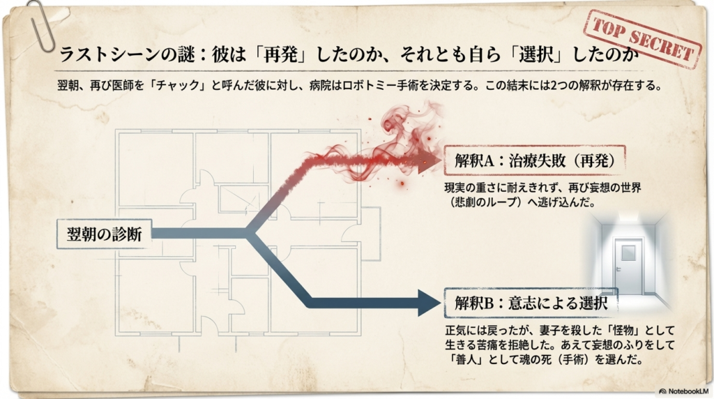 結末に対する2つの解釈（治療の失敗による再発、あるいは怪物としての生を拒絶した意志による選択）を提示するスライド。
