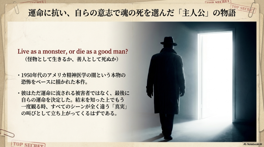 「怪物として生きるか、善人として死ぬか」という問いと共に、主人公が最後に自らの運命を決定したことを総括するスライド。 