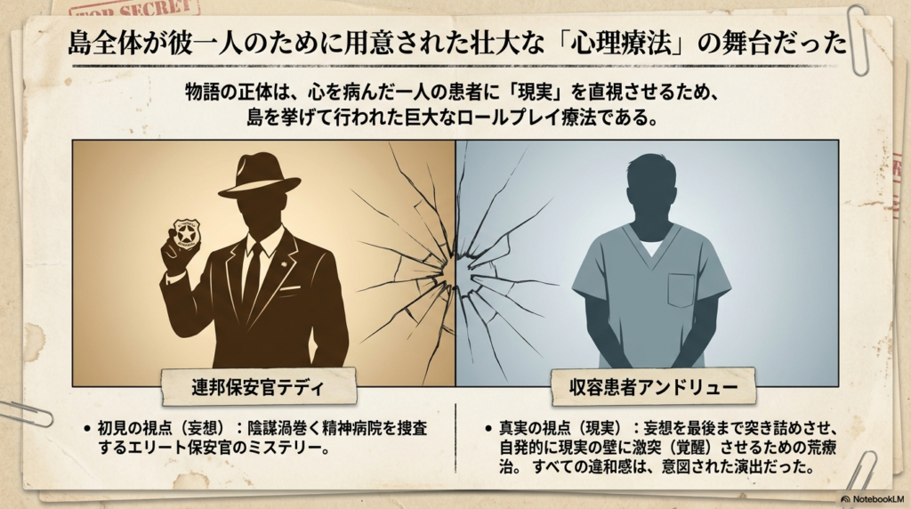 「連邦保安官テディ」という妄想の視点と、「収容患者アンドリュー」という現実の視点を対比させ、島全体が彼一人のための療法だったことを示すスライド。