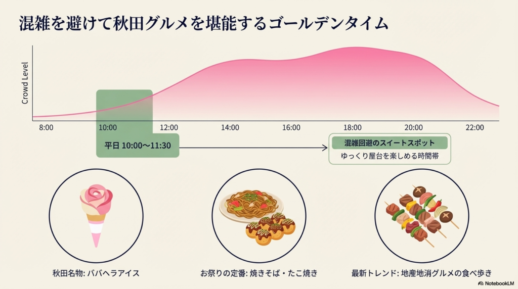 時間帯別の混雑レベルを示すグラフ。平日10:00から11:30が「混雑回避のスイートスポット」として強調。下部にババヘラアイスや地産地消グルメの紹介。