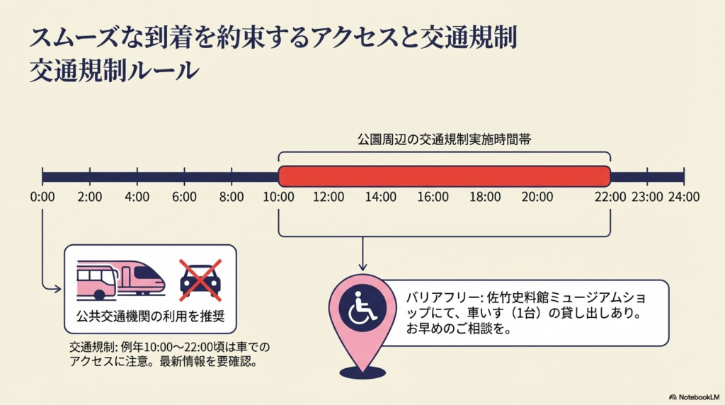 10:00から22:00までの交通規制時間帯を示す赤いタイムライン。公共交通機関の利用推奨アイコンと、車いすの貸し出し案内。