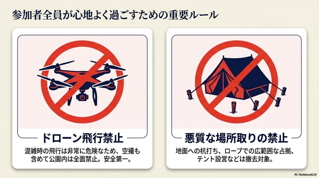 ドローン飛行禁止と悪質な場所取り禁止を説明するスライド。ドローンのイラストに赤い禁止マーク、杭打ちやテント設営の禁止事項が列挙されている。