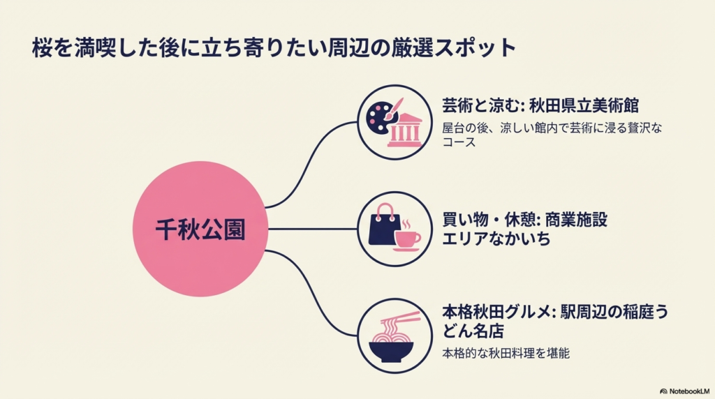秋田県立美術館、エリアなかいち、稲庭うどんの店など、公園周辺の立ち寄りスポットをアイコンと共に紹介するスライド。