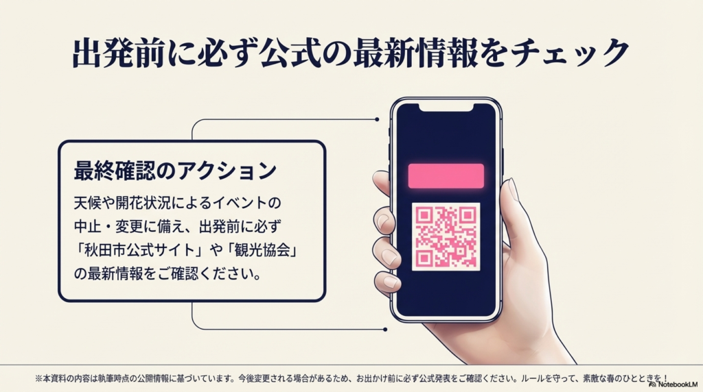 スマートフォンを手にしたイラストと、秋田市公式サイトや観光協会の最新情報を出発前に確認するよう促すメッセージ。