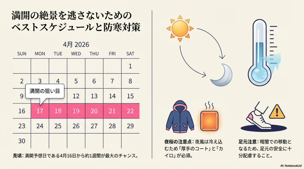 2026年4月のカレンダー形式の開花予想。4月16日に「満開の狙い目」と記載。右側には厚手のコートやカイロ、足元への注意を促すイラストと説明。