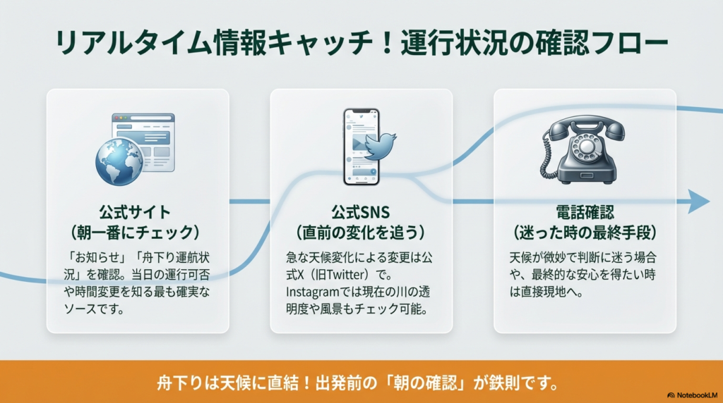 当日の運行可否を確認するための3ステップ(公式サイトでの朝一番のチェック、公式SNSでの直前の変化確認、迷った時の電話確認)を説明する図解。