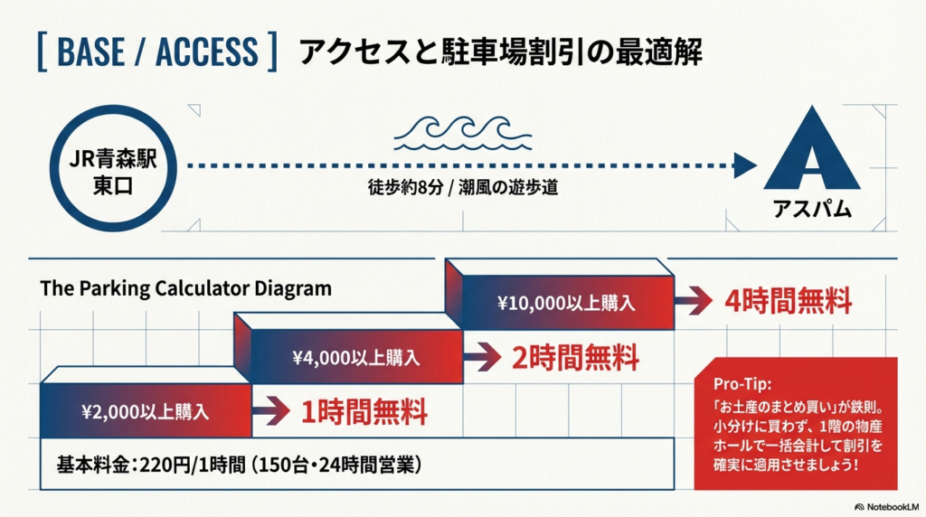青森駅東口から徒歩8分のルート案内と、館内利用額に応じた駐車場割引(2,000円以上で1時間、4,000円以上で2時間、10,000円以上で4時間無料)を階段状の図解で説明。