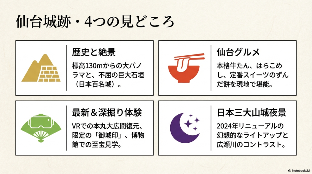 歴史と絶景、最新体験、グルメ、夜景の4つのポイントをまとめた画像。