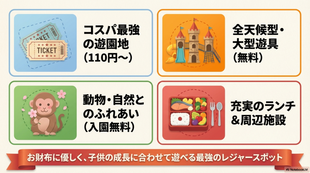 入園無料の動物園、110円からの遊園地、無料の大型遊具、充実のランチ施設の4つのポイントをアイコンで紹介するスライド。